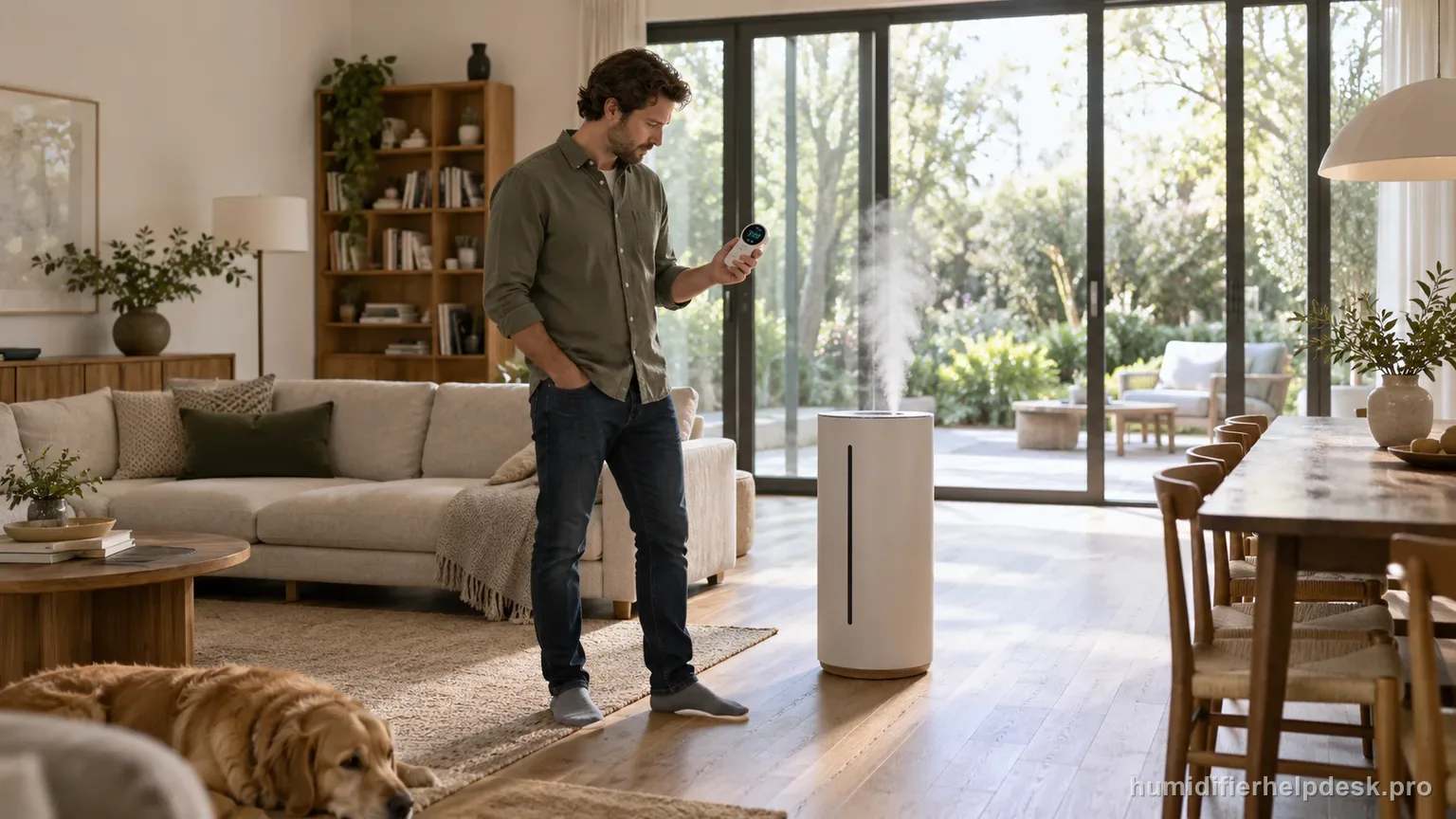 Illustrative person checking a handheld hygrometer in a large open room near a tall cylindrical smart humidifier