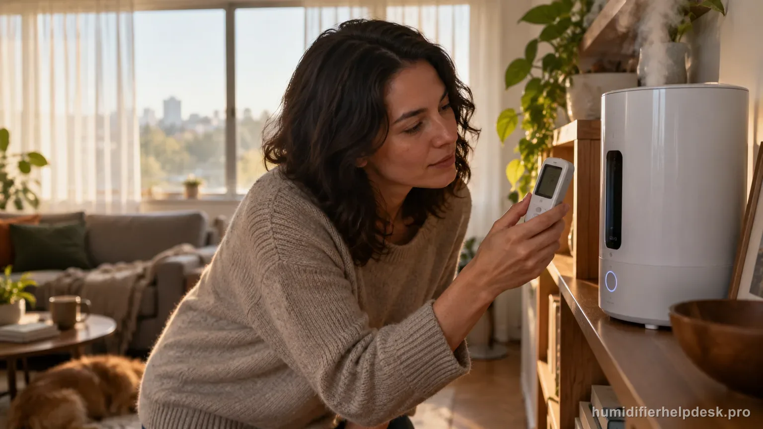 Illustrative person comparing a handheld hygrometer against the display of a tall cylindrical smart humidifier
