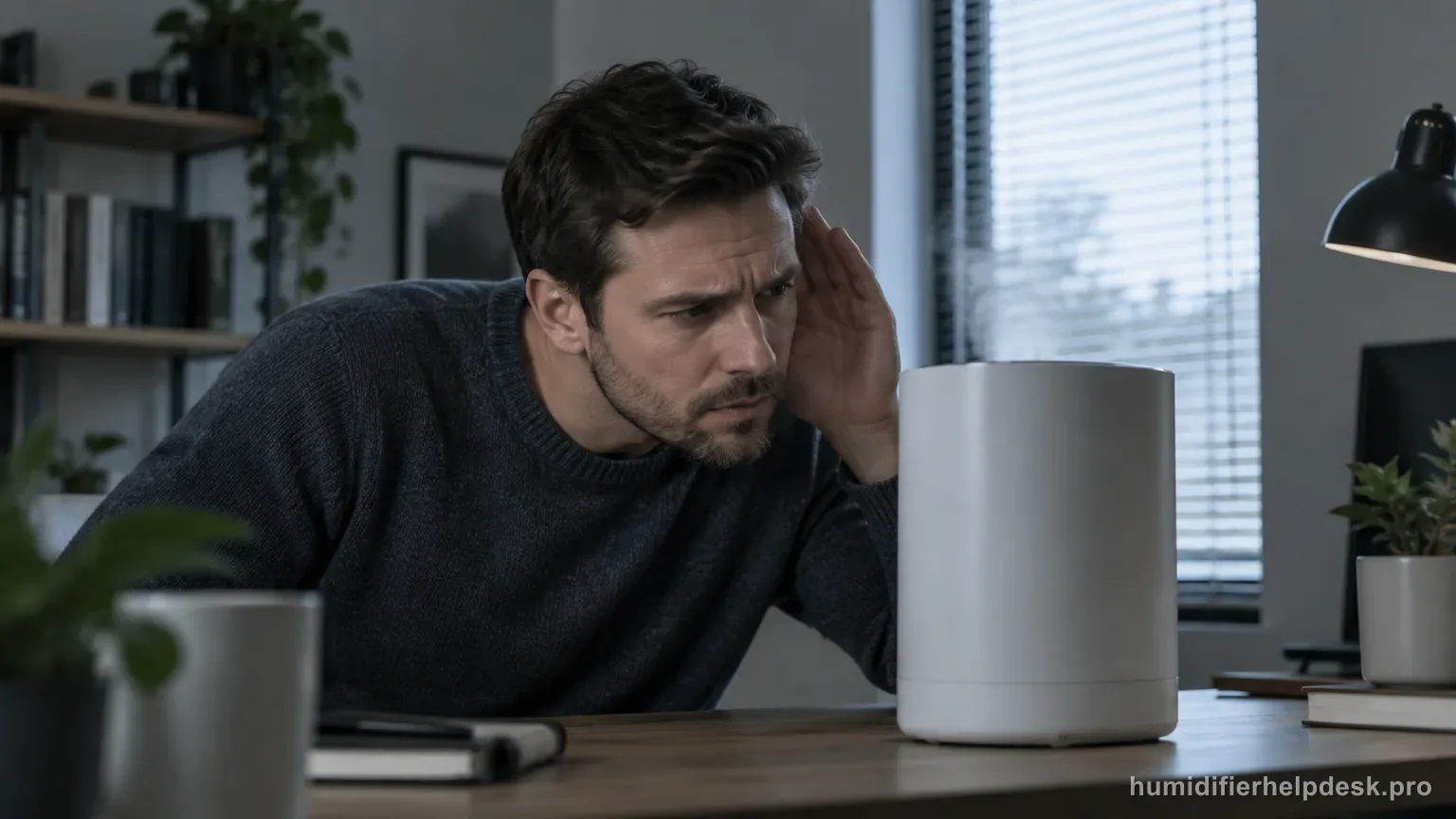 Illustrative person listening closely beside a tall cylindrical smart humidifier in a home office