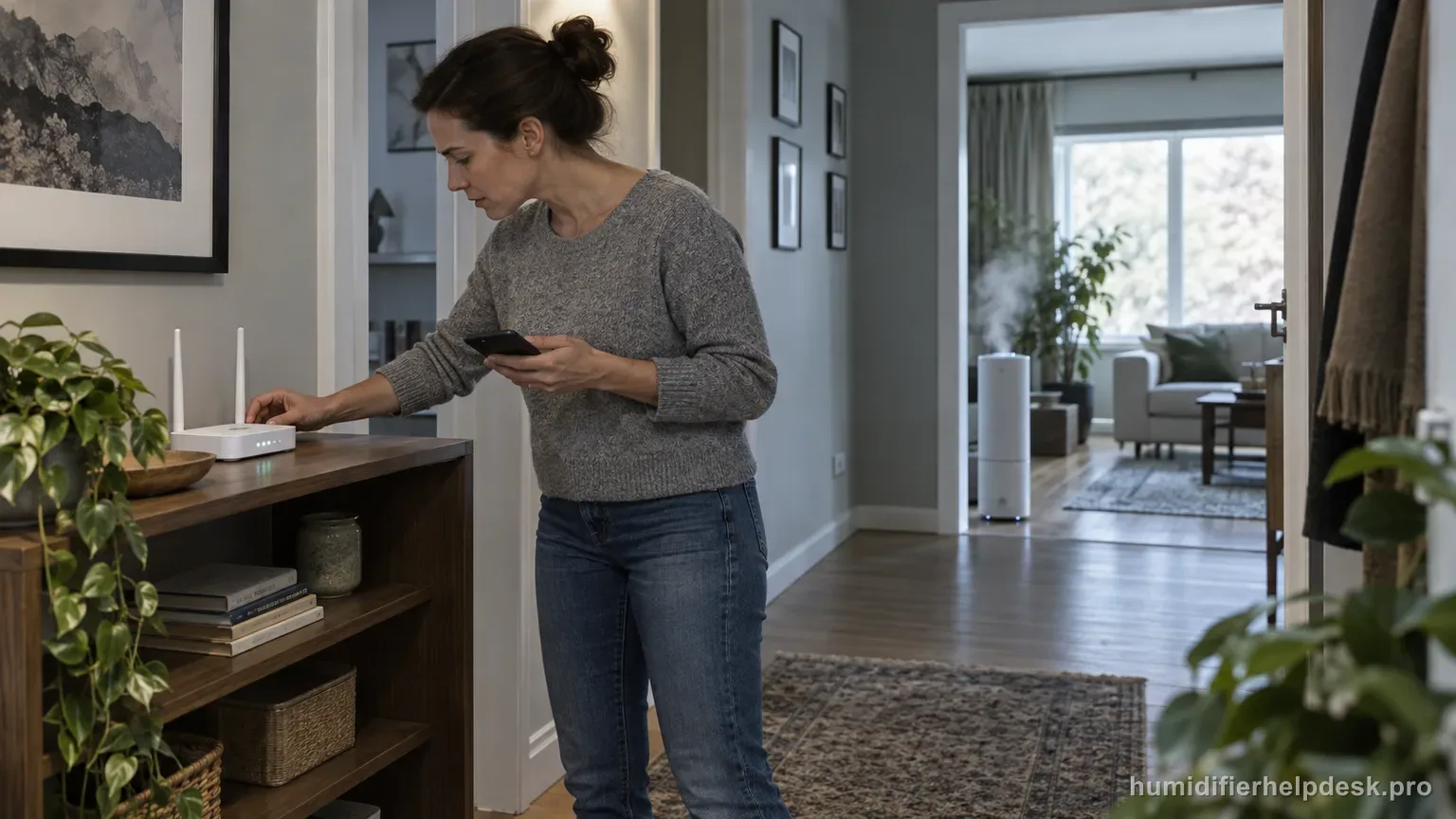 Illustrative person checking a home Wi-Fi router while holding a smartphone, with a tall humidifier visible nearby