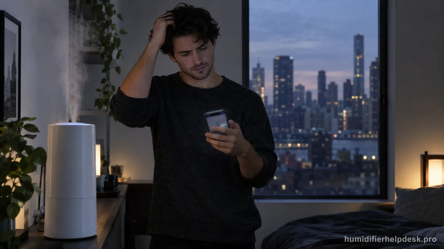 Illustrative person holding a smartphone with a blurred app screen near a tall cylindrical smart humidifier