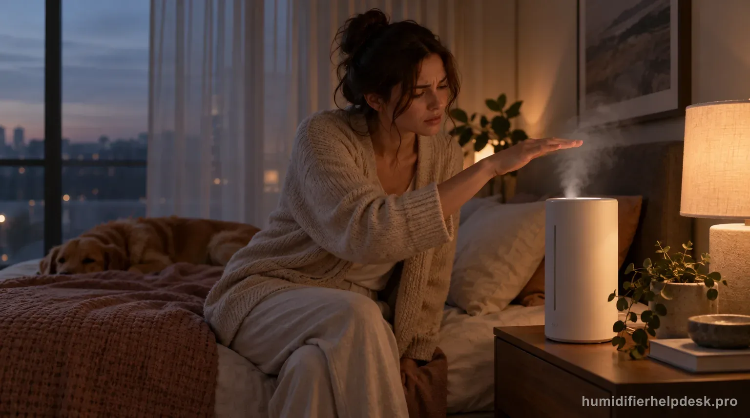 Illustrative hand hovering above the mist nozzle of a tall cylindrical smart humidifier to test mist temperature