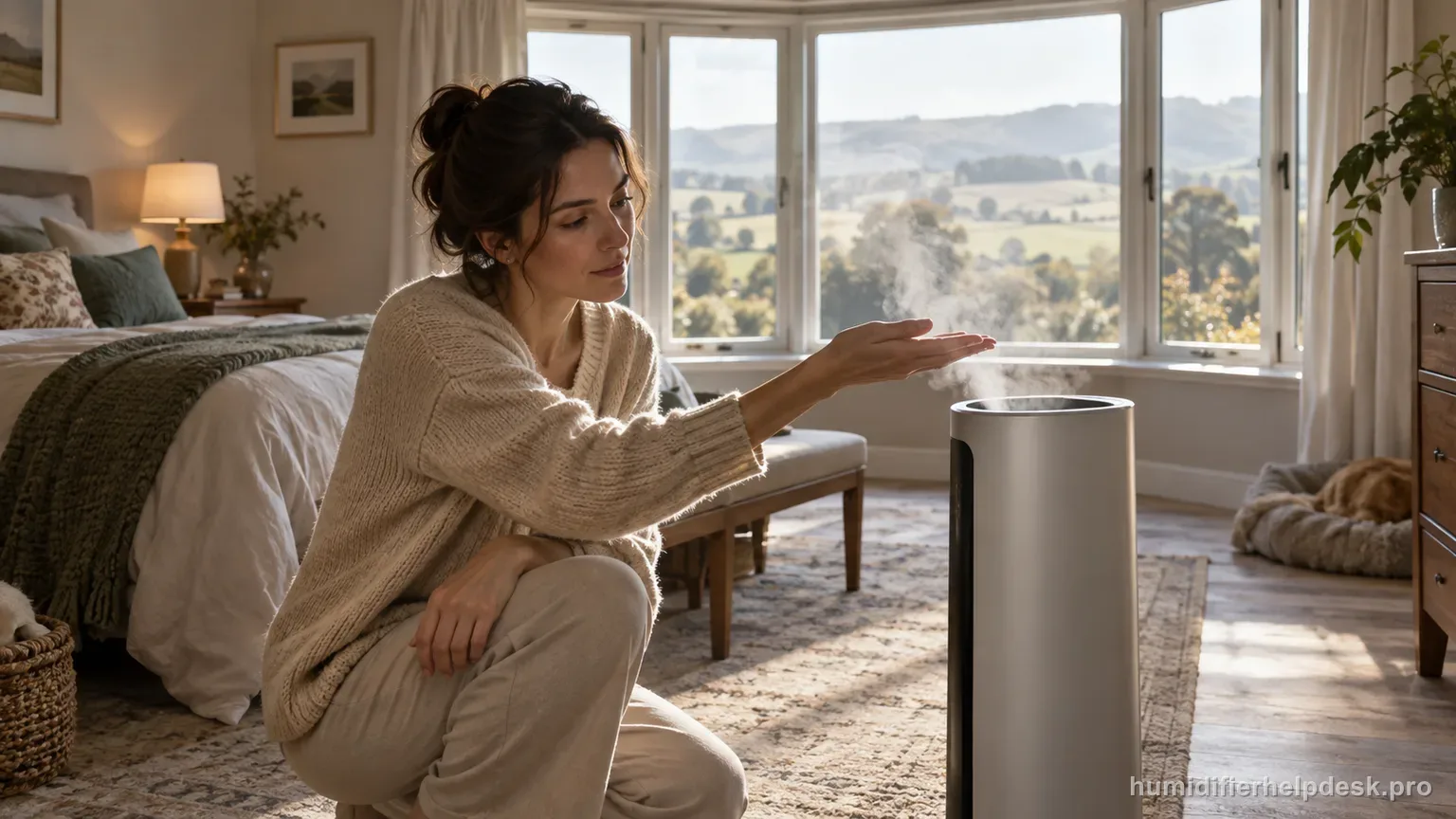 Illustrative person feeling for mist near the nozzle of a large tower smart humidifier in a spacious bedroom
