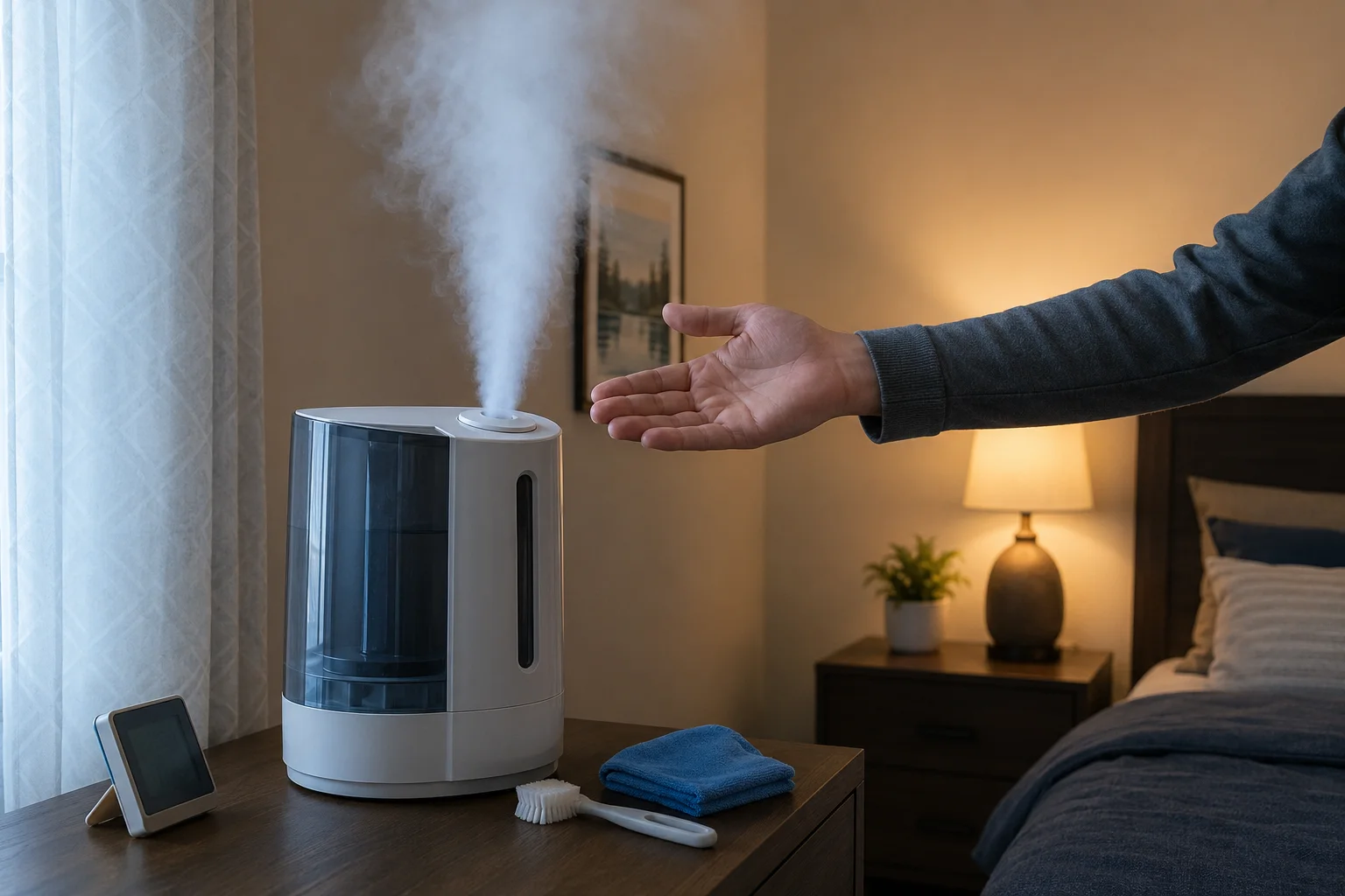 Illustrative setup of a hybrid humidifier producing mist while a hand checks the mist temperature from a safe distance