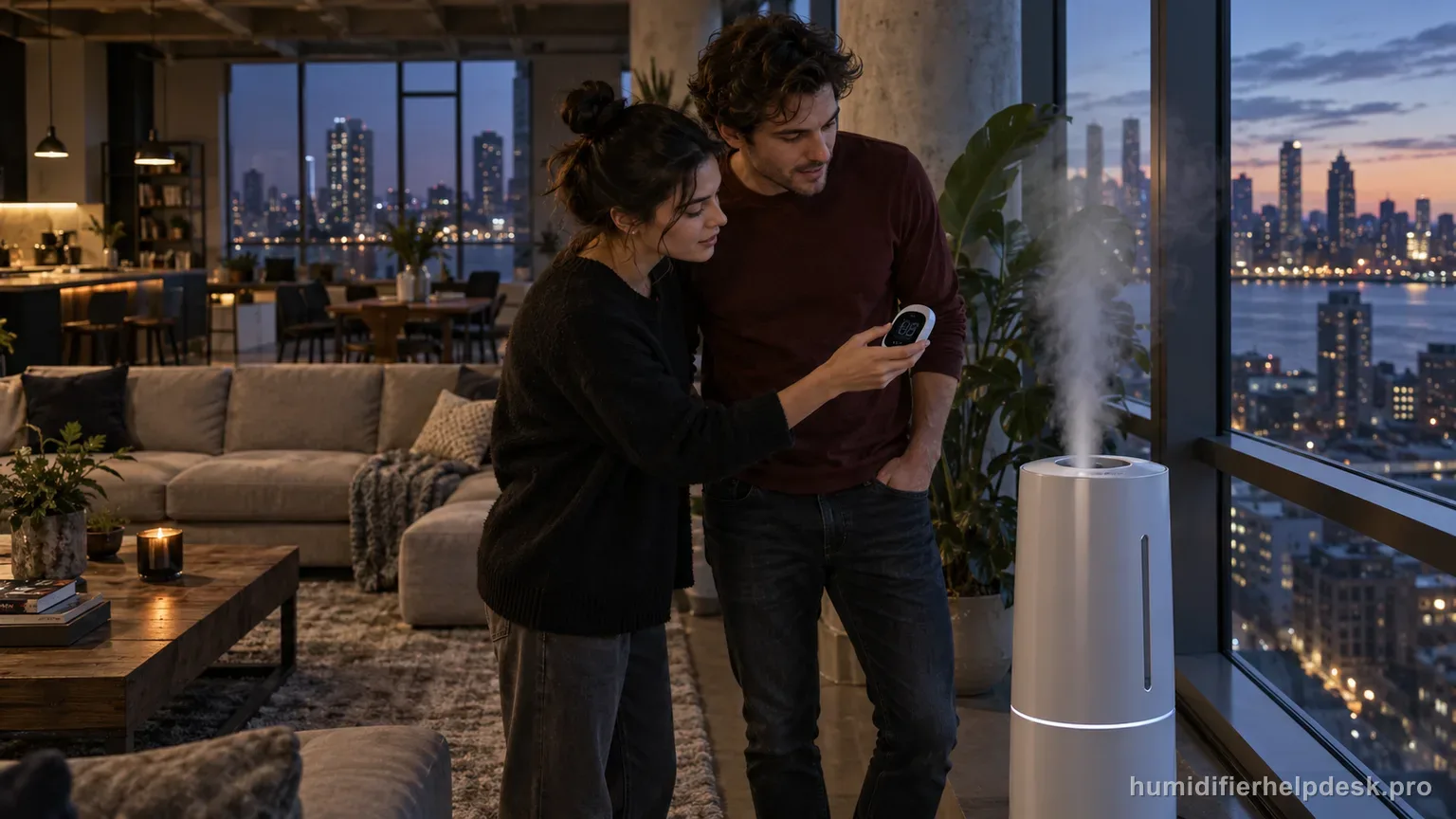 Illustrative handheld hygrometer held near a large tower humidifier in an open-plan living room