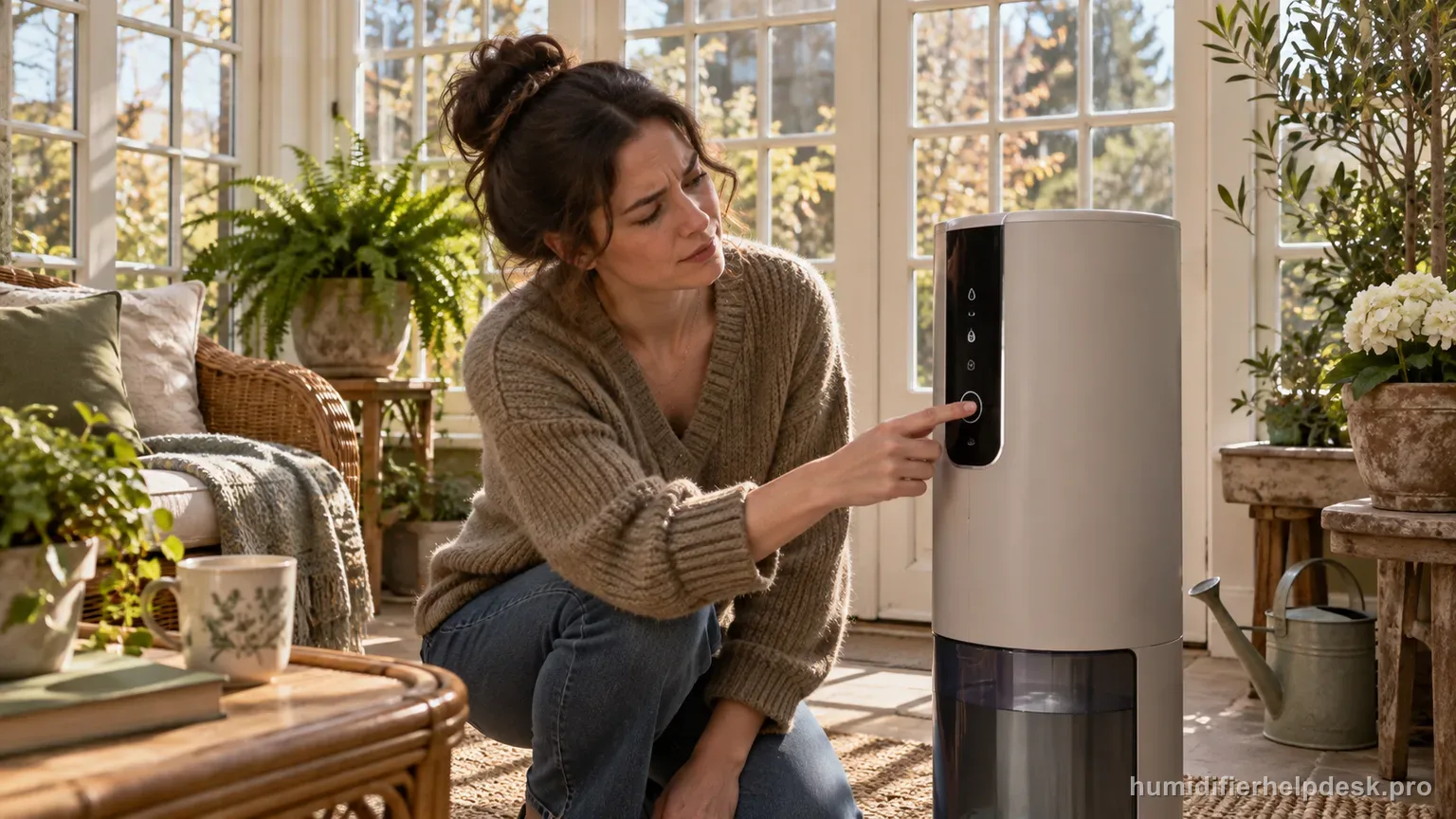 Illustrative woman pressing a control button on a large tower humidifier while checking the auto-mode setting