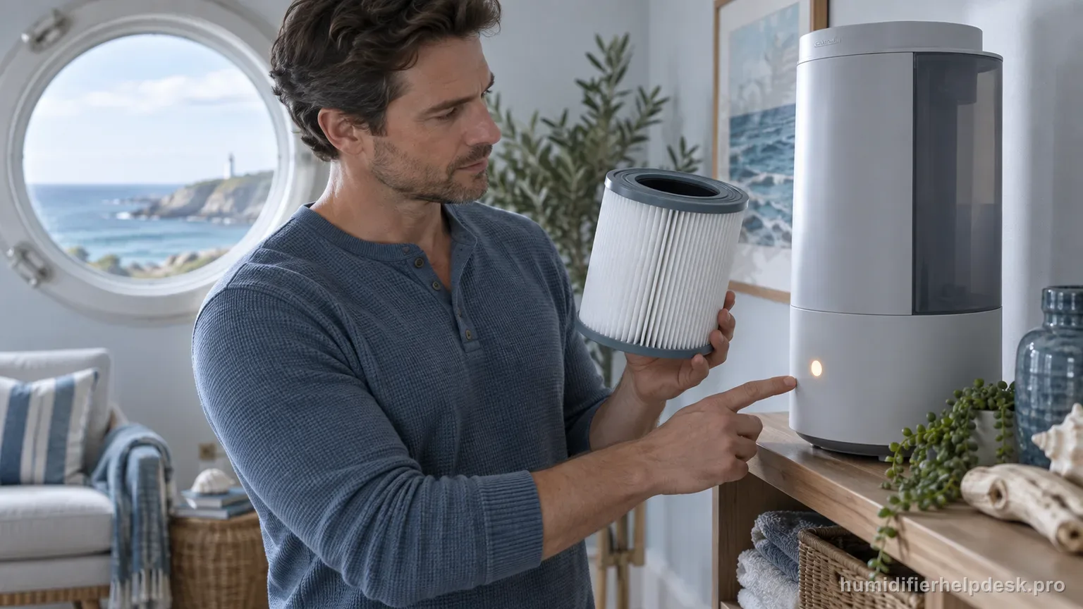 Illustrative person holding a fresh replacement filter beside a large tower humidifier to compare against the indicator