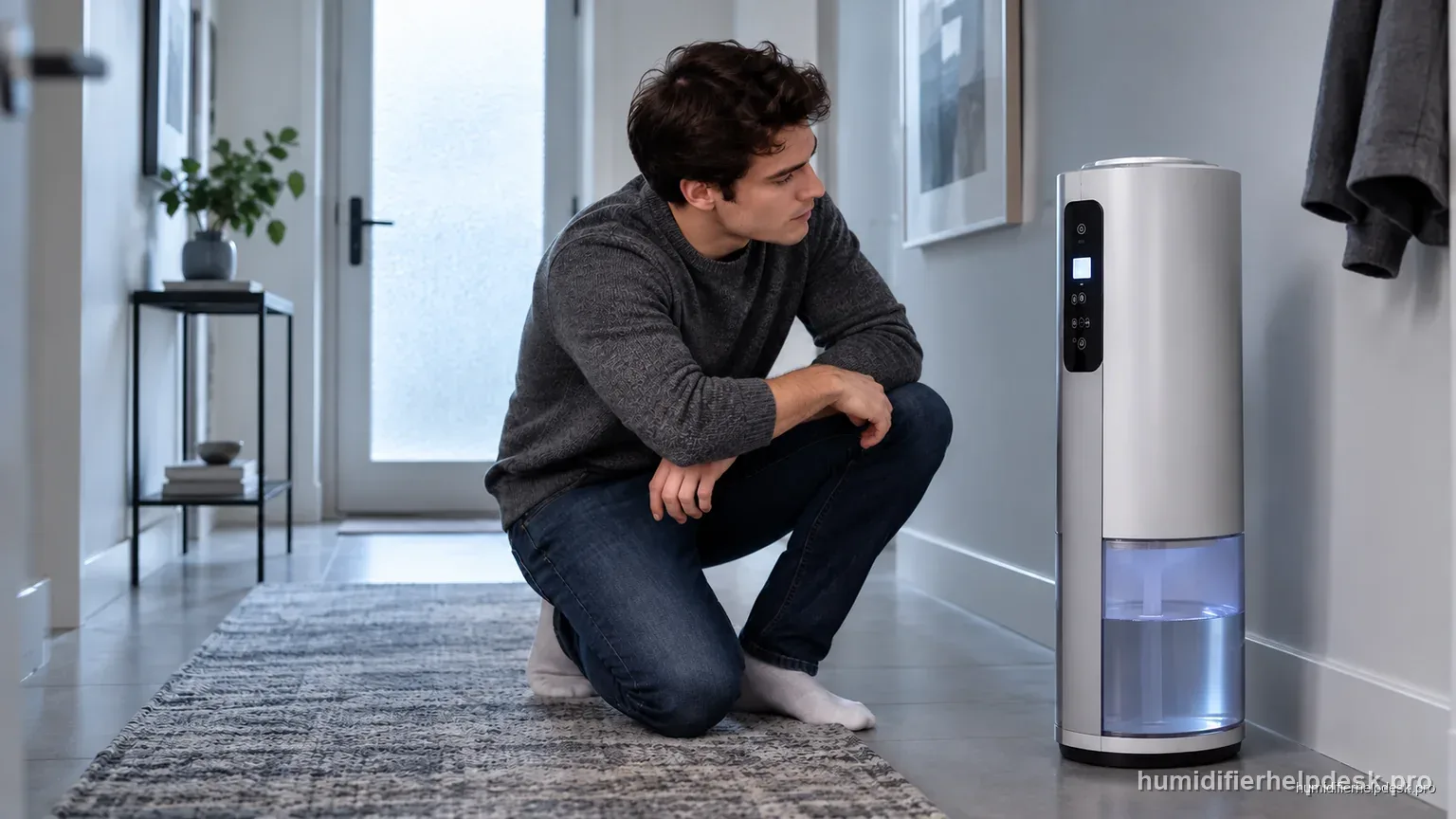 Illustrative person observing the illuminated control panel on a large evaporative humidifier