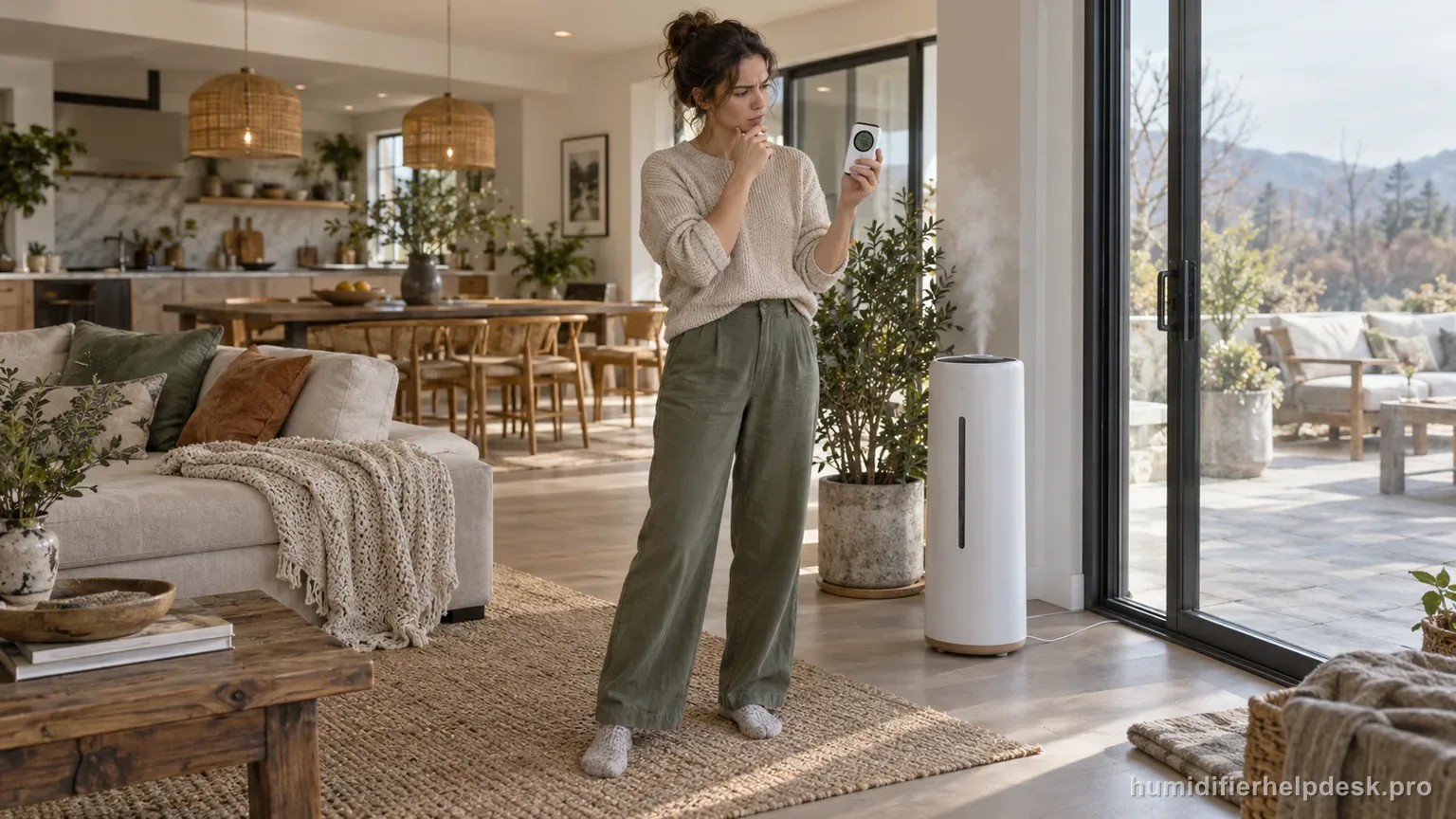 Illustrative woman checking a handheld hygrometer in a large open-concept living space near a tower humidifier