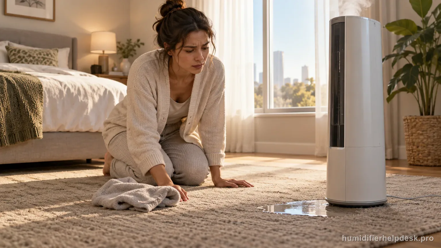 Illustrative small puddle of water at the base of a large tower humidifier on a bedroom rug