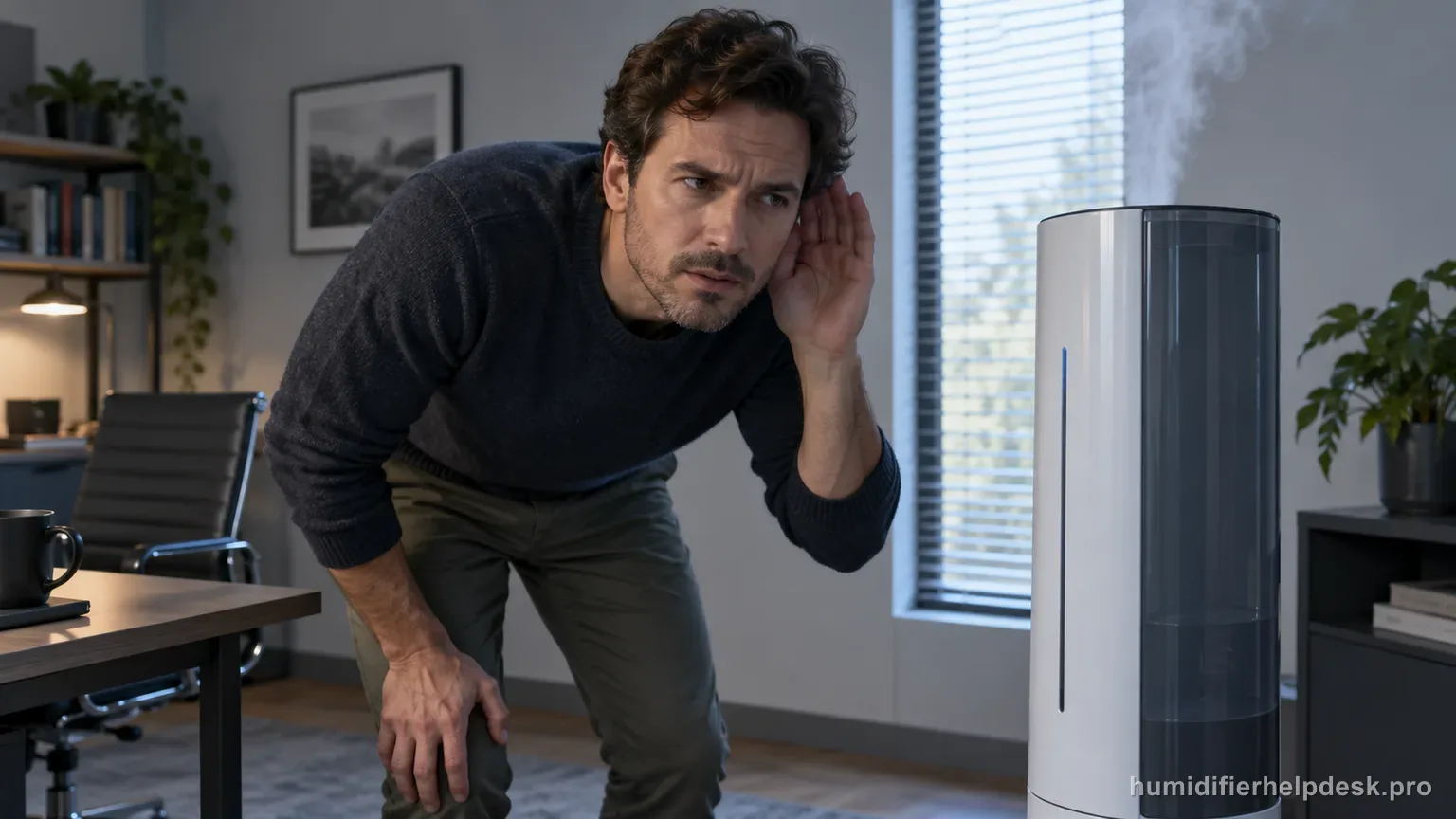 Illustrative man leaning close to listen to a large tower humidifier in a home office