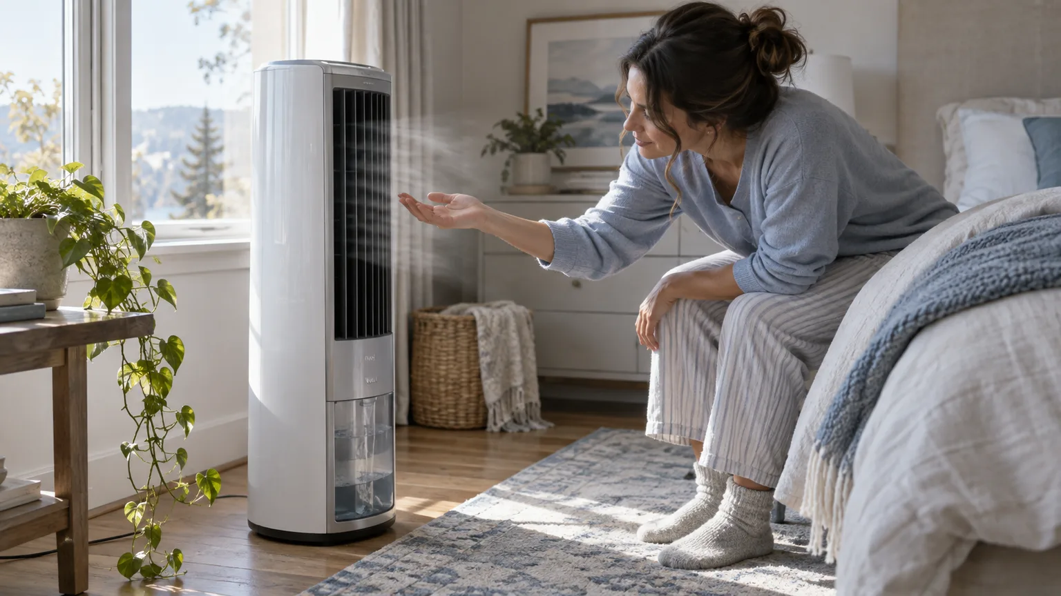 Illustrative a large tower evaporative humidifier in a bedroom corner while a person feels for airflow at the vent