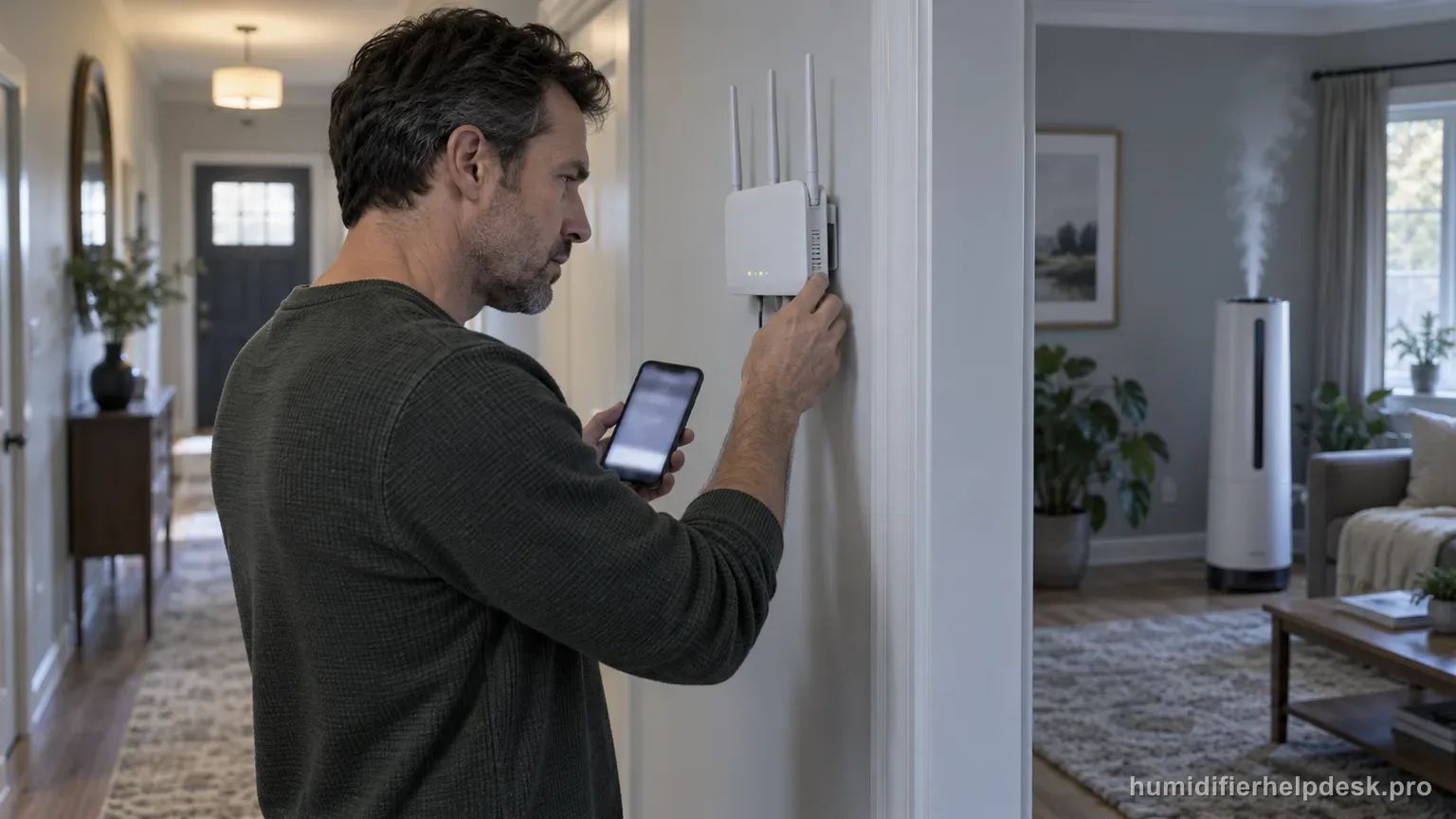 Illustrative person checking a home Wi-Fi router while holding a smartphone, with a humidifier visible nearby