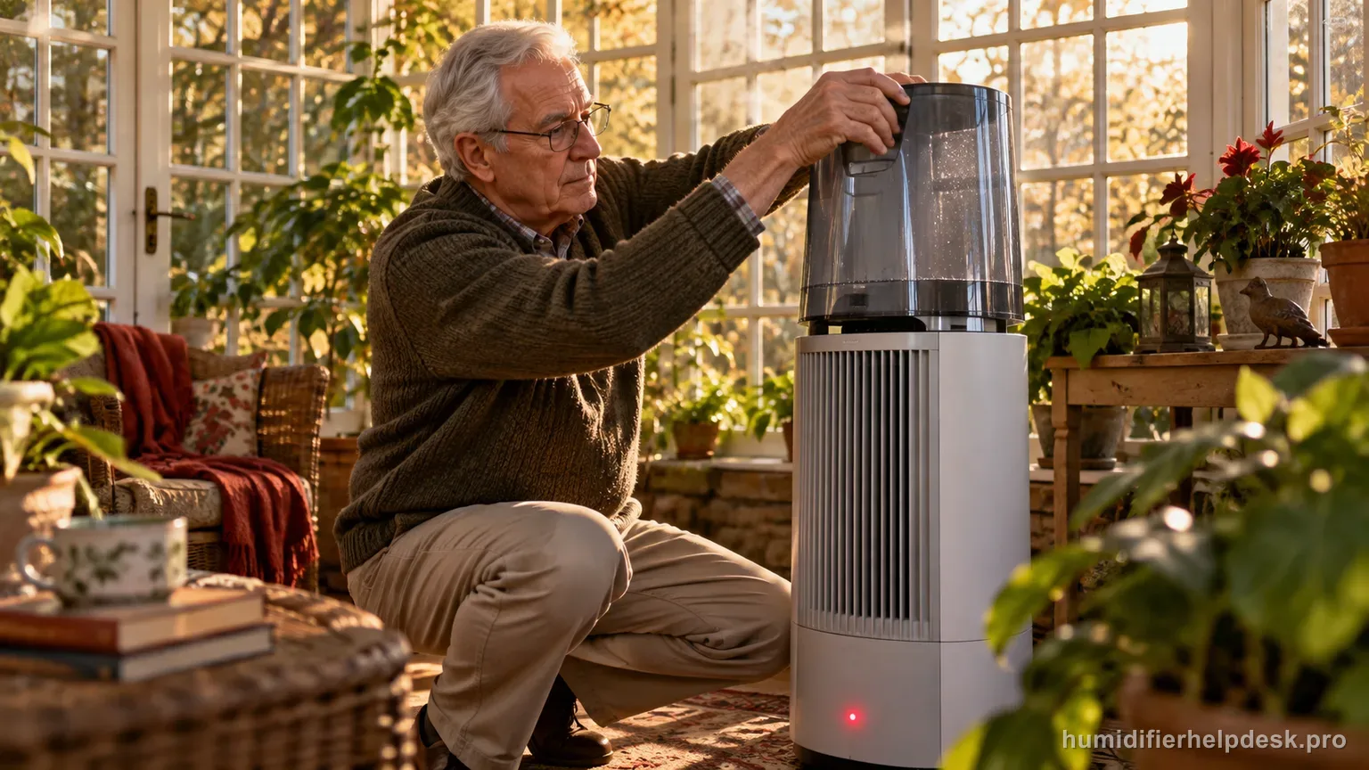 Illustrative person reaching to lift the tank on a large tower humidifier with a red indicator light glowing