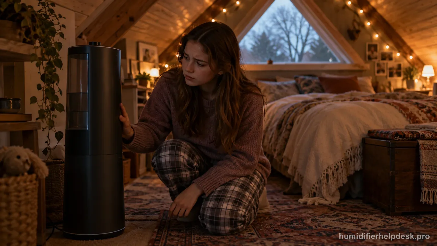 Illustrative person noticing a large tower humidifier go dark unexpectedly in a bedroom