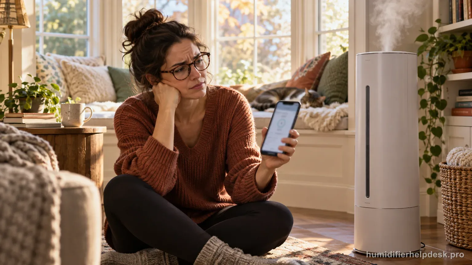 Illustrative woman holding a smartphone with a blurred app screen near a large tower humidifier