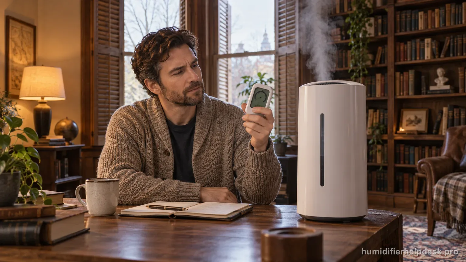Illustrative man holding a handheld hygrometer beside a large tower humidifier in a book-lined study