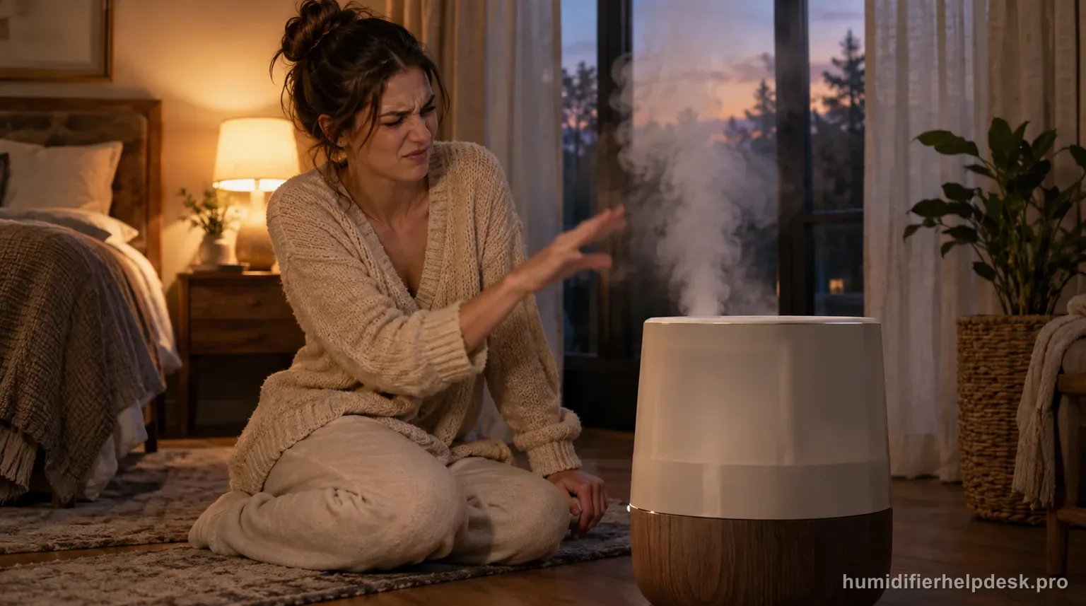 Illustrative person waving a hand near the mist output of a large-capacity ultrasonic humidifier and reacting to an odor