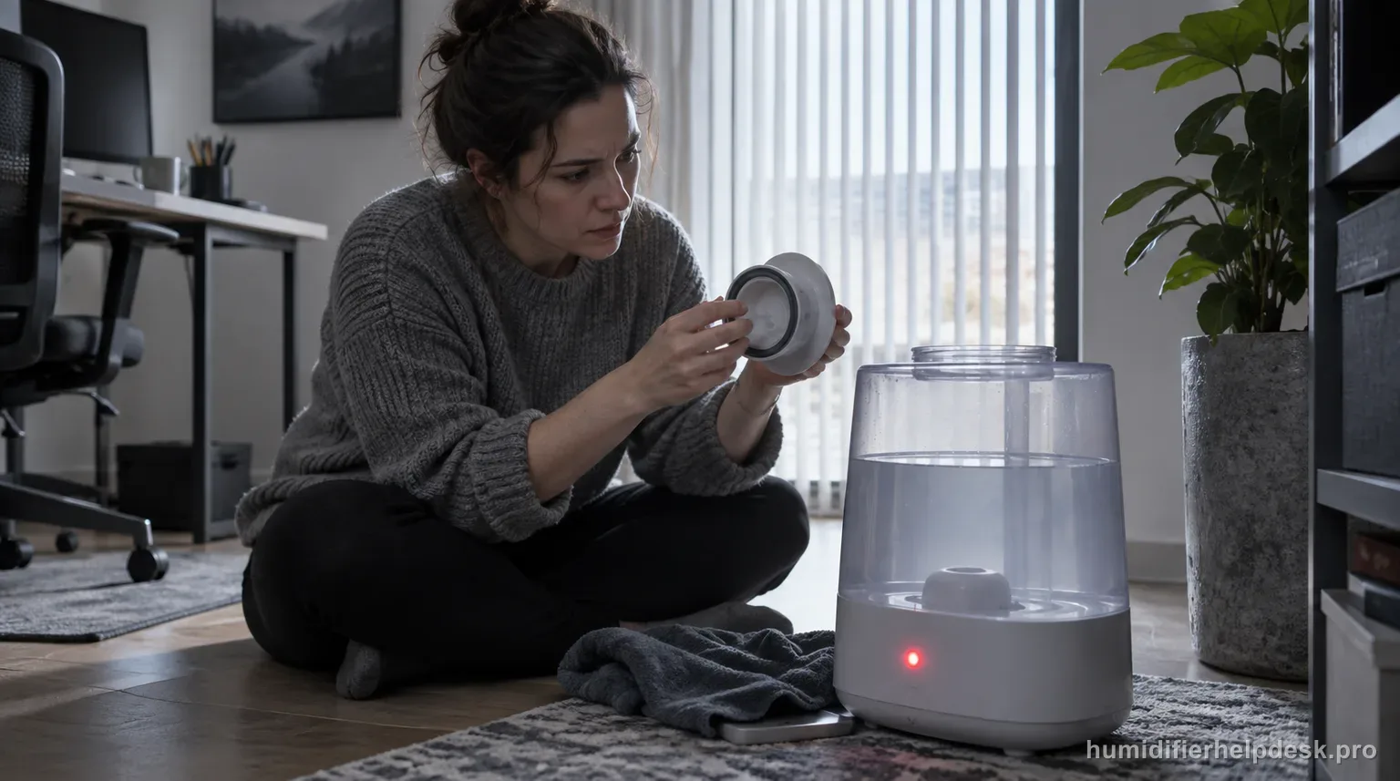 Illustrative person inspecting the tank-cap seal of a large-capacity ultrasonic humidifier with a blinking red light