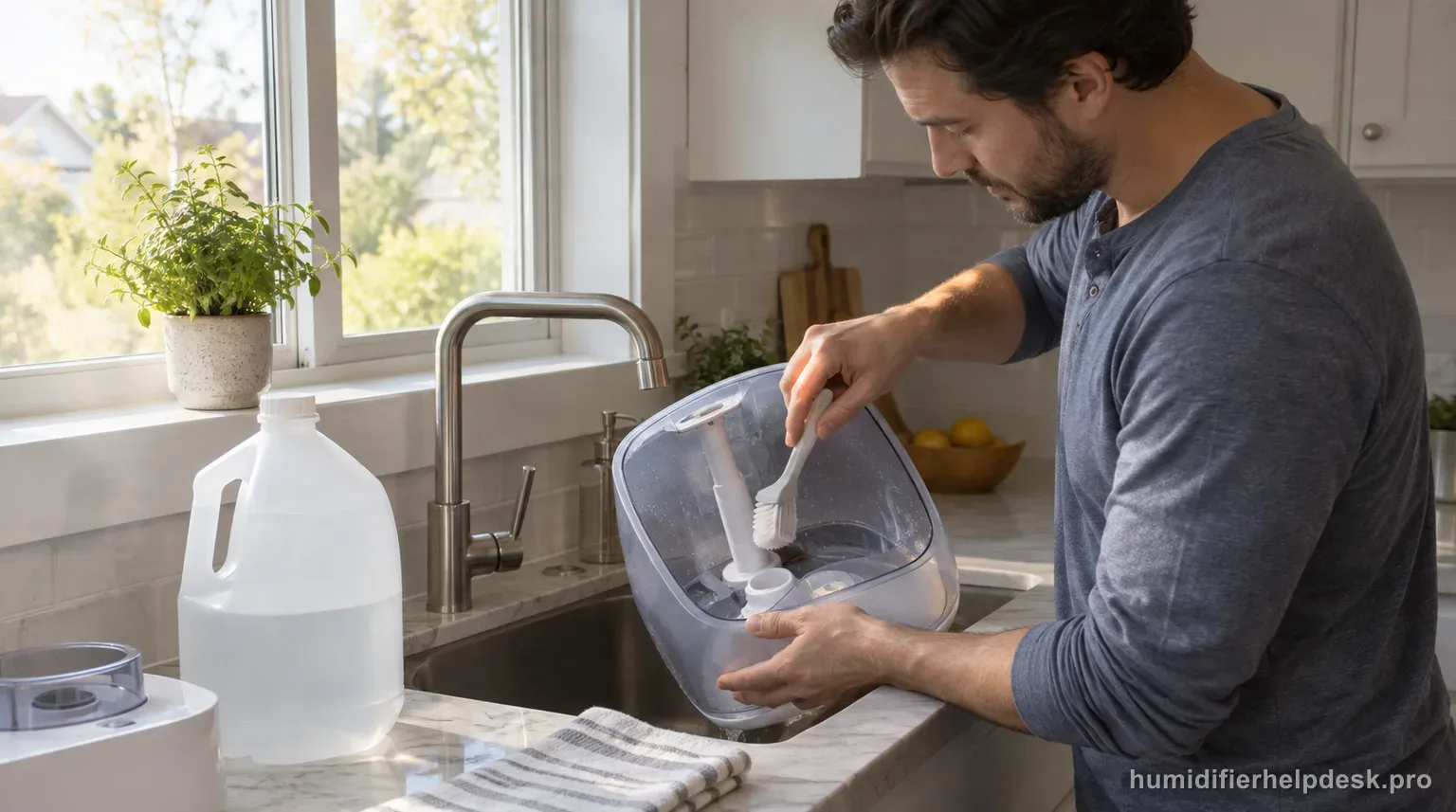 Illustrative person scrubbing the inside of a large-capacity ultrasonic humidifier tank at a kitchen sink with a jug of distilled water nearby