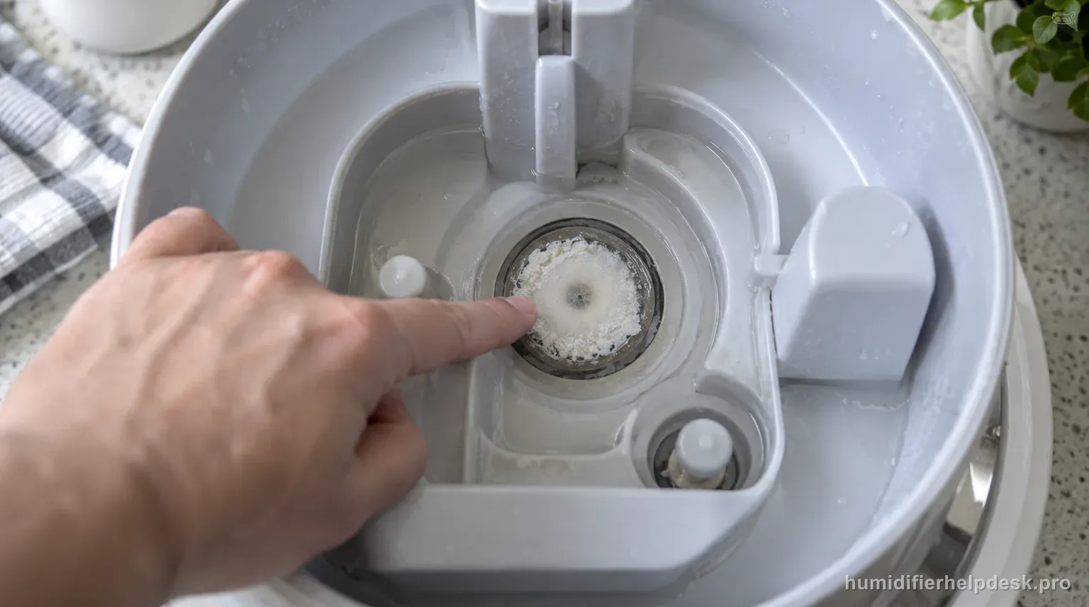 Illustrative hand pointing at a white mineral-crusted ultrasonic disc inside the base of a large-capacity humidifier