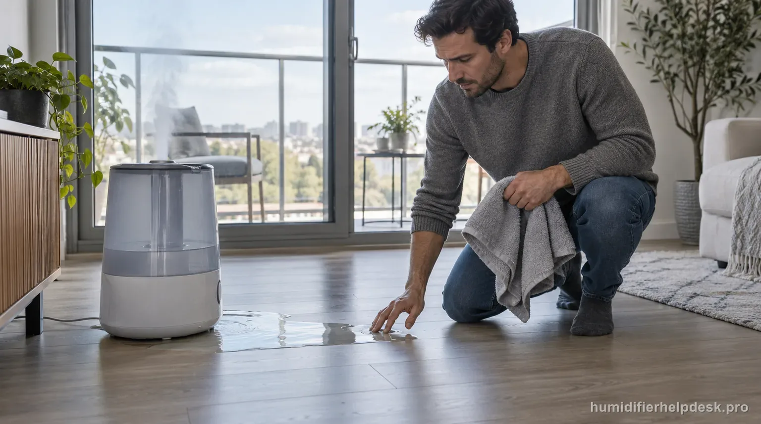Illustrative small puddle of water spreading on a floor beneath a large-capacity ultrasonic humidifier