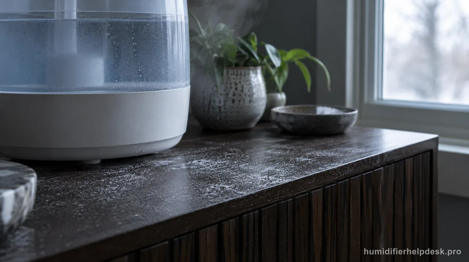 Illustrative fine layer of white mineral dust visible on a dark wood console beside a large-capacity ultrasonic humidifier