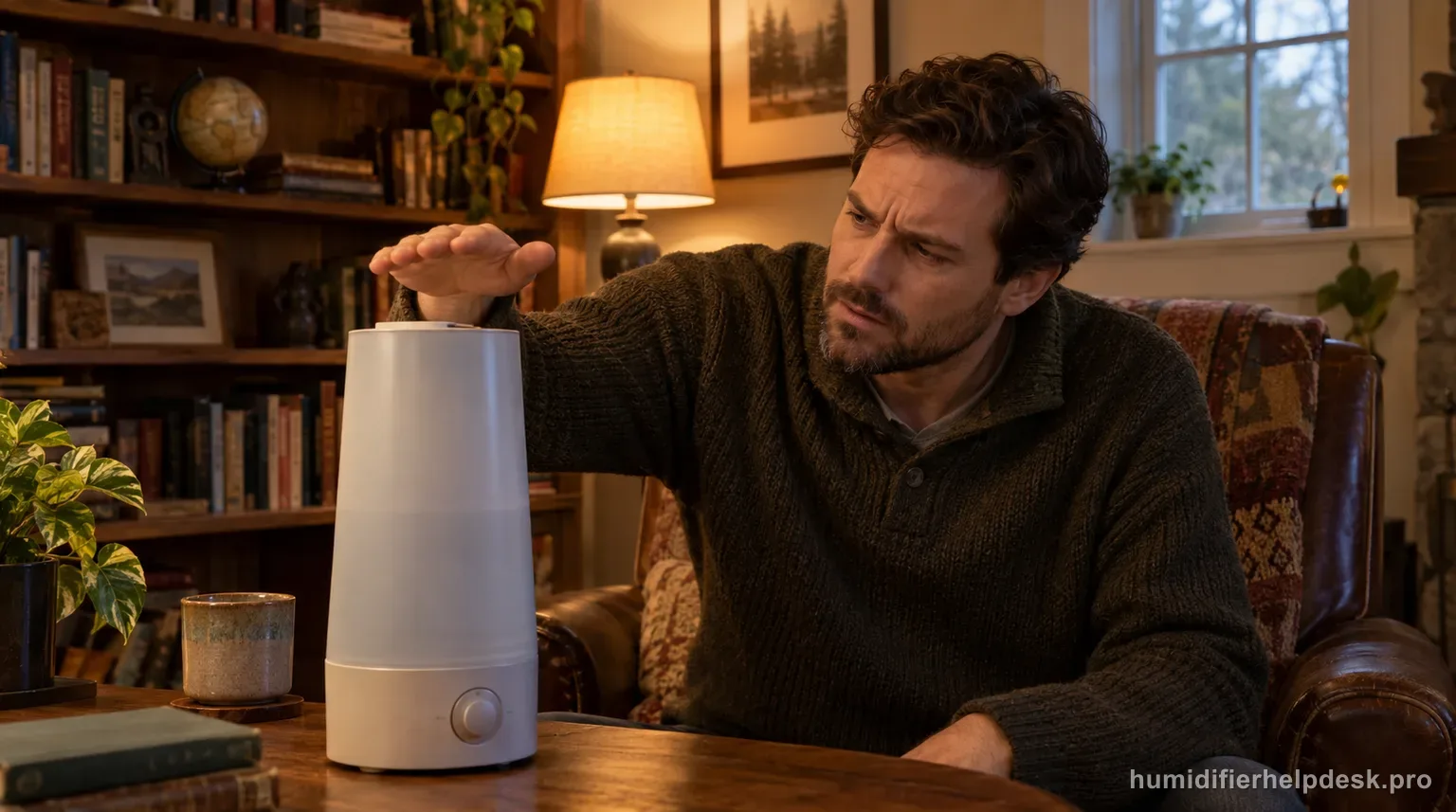 Illustrative person feeling airflow above the nozzle of a tall ultrasonic humidifier with no visible mist