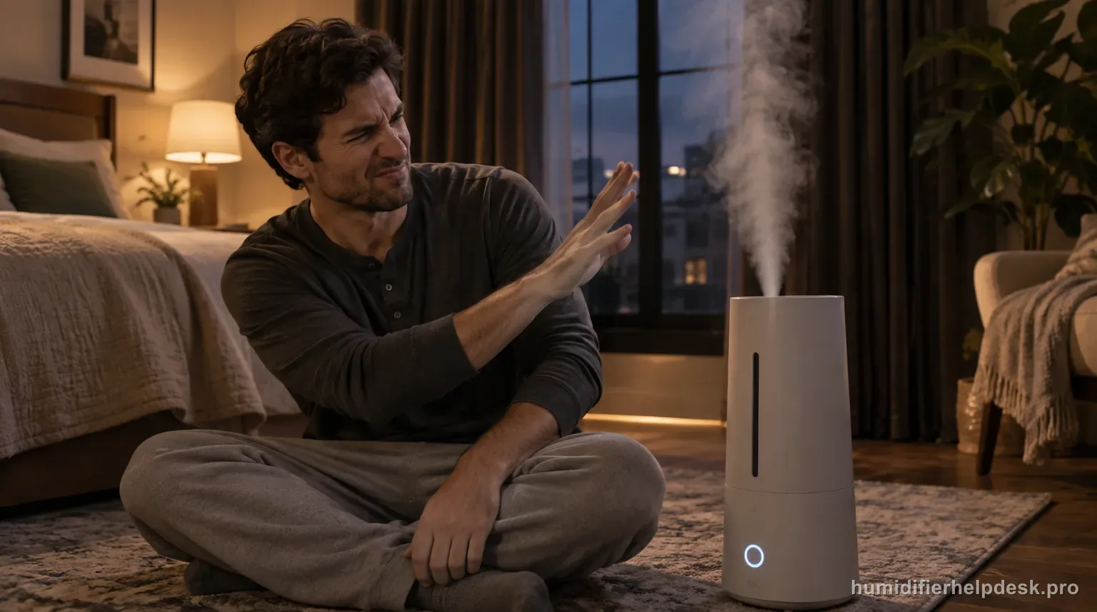 Illustrative person waving a hand near the mist of a tall ultrasonic humidifier and reacting to an odor