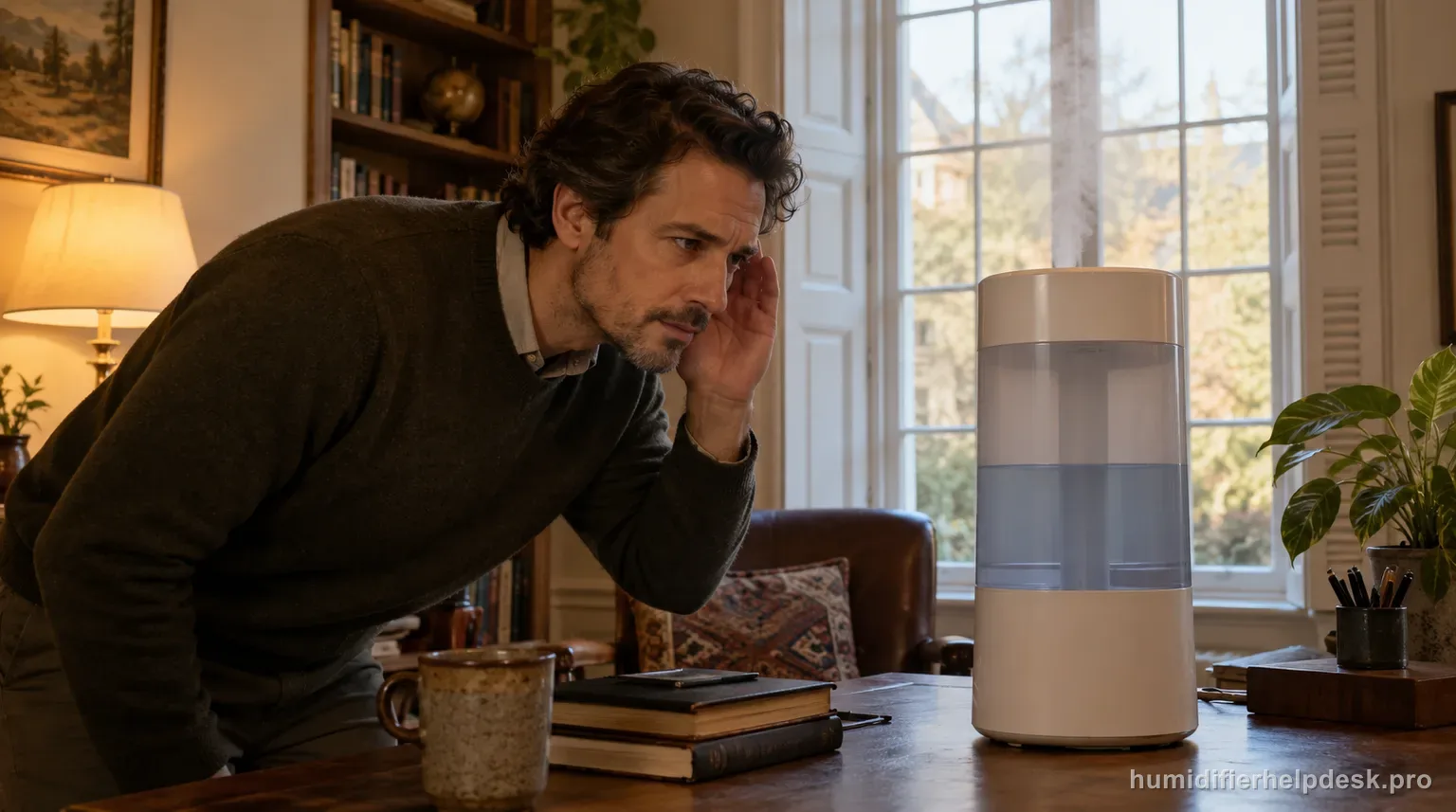 Illustrative person listening closely beside a tall ultrasonic humidifier in a quiet study