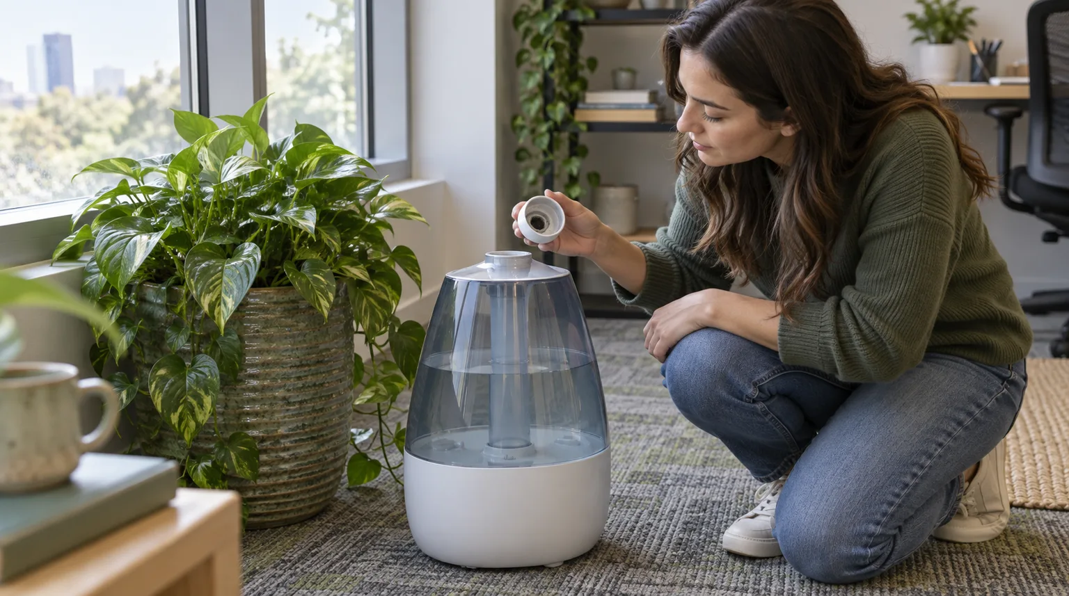Illustrative a large-capacity ultrasonic humidifier on an office floor beside a plant while a hand checks the mist nozzle cap for blockage