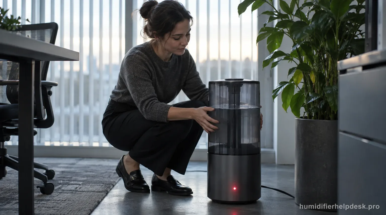 Illustrative person lifting the large tank on a tall ultrasonic humidifier with a red indicator light glowing