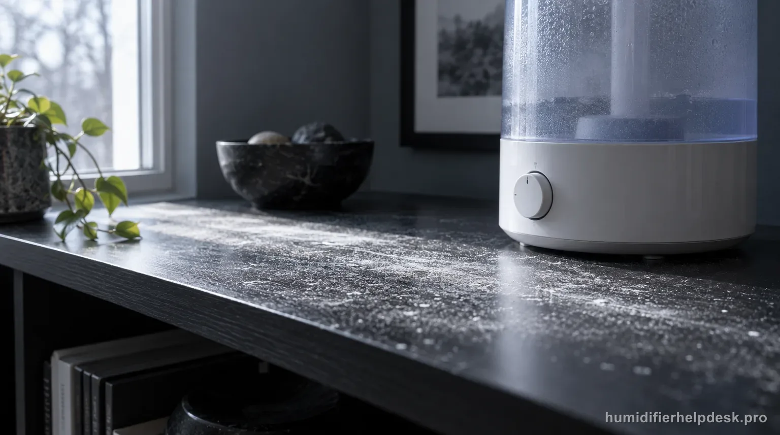 Illustrative fine layer of white mineral dust visible on a dark shelf beside a tall ultrasonic humidifier