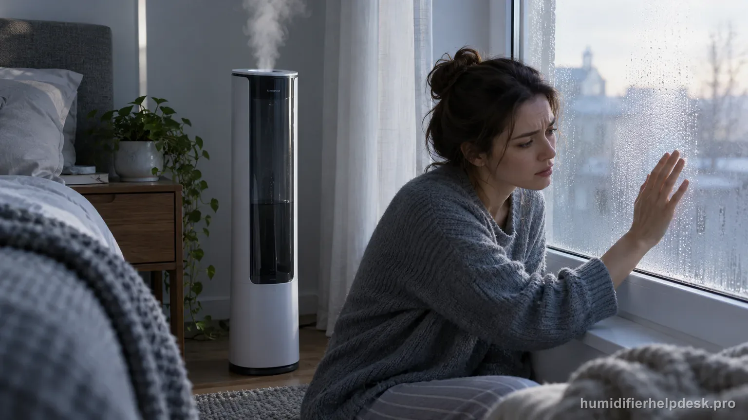Illustrative tall tower humidifier misting in a bedroom while faint condensation forms on a nearby window
