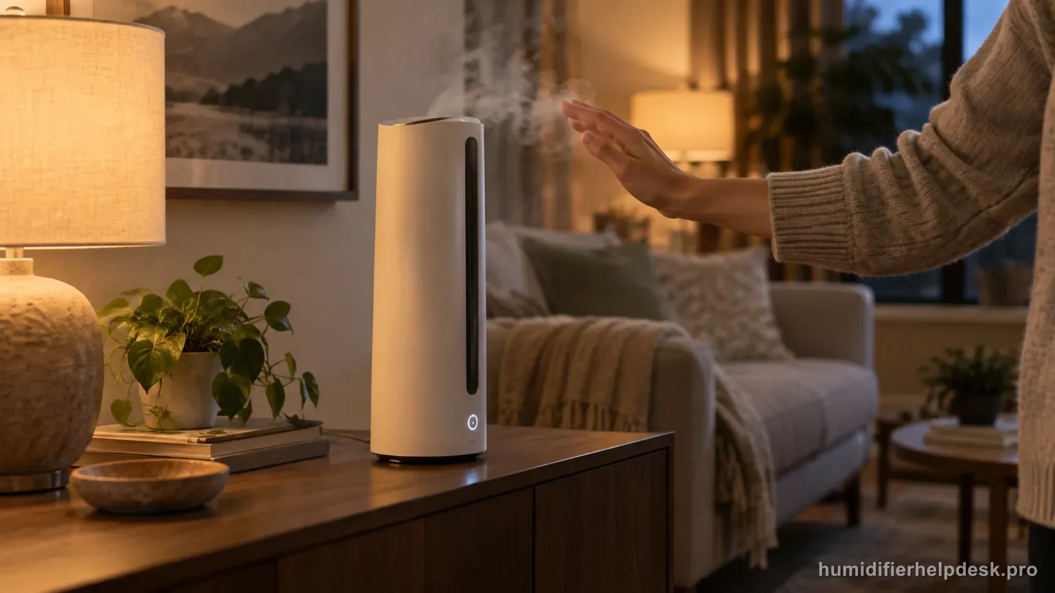 Illustrative hand checking near the vent of a tall tower humidifier for mist while a power light glows