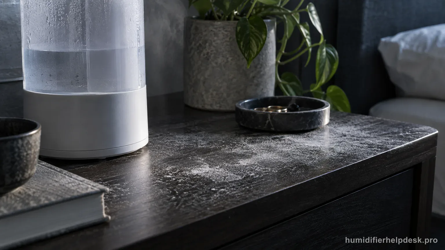 Illustrative fine layer of white mineral dust visible on a dark table beside a tall tower humidifier