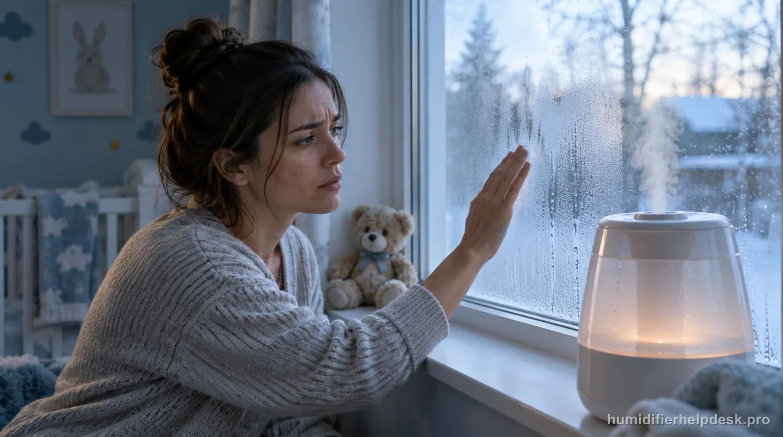 Illustrative person touching a fogged window beside a warm-mist humidifier on a childs windowsill