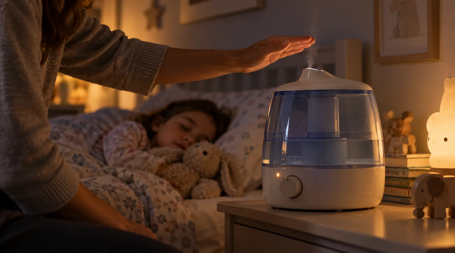 Illustrative a warm-mist humidifier on a child's nightstand with only a faint wisp of steam visible above the spout