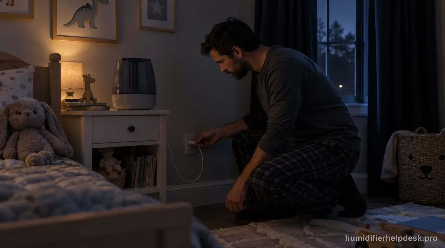 Illustrative person tracing a power cord from a warm-mist humidifier back to a wall outlet with the nightlight off