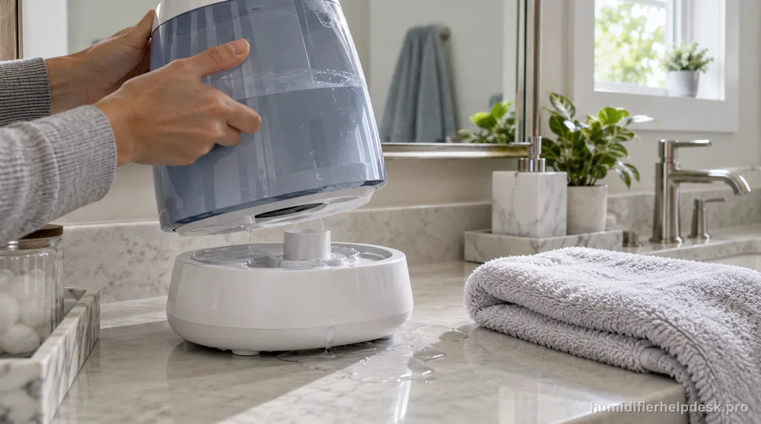 Illustrative hand lifting a water tank away from a warm-mist humidifier base where water has spilled onto the tray