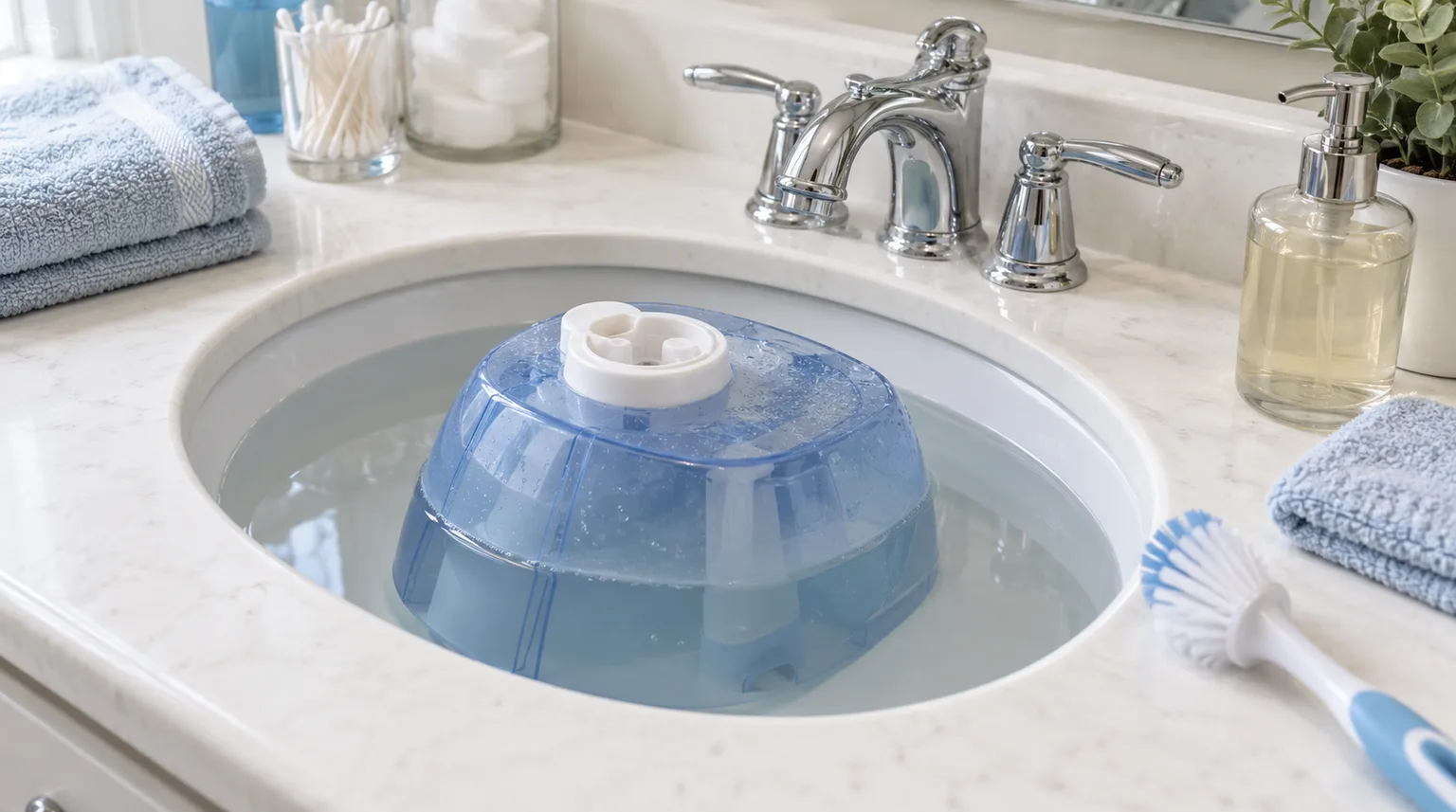 Illustrative small ultrasonic humidifier tank soaking in a vinegar-water solution in a bathroom sink for descaling