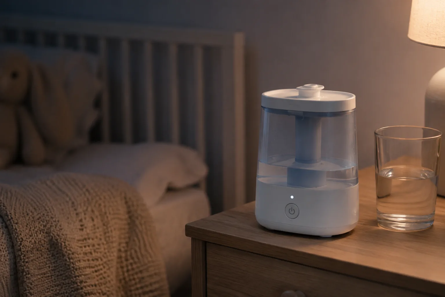 Illustrative compact ultrasonic humidifier on a bedside table after mist output has stopped unexpectedly