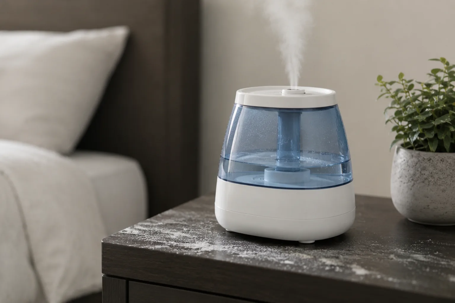 Illustrative compact ultrasonic humidifier producing mist beside visible white mineral residue on a dark nightstand
