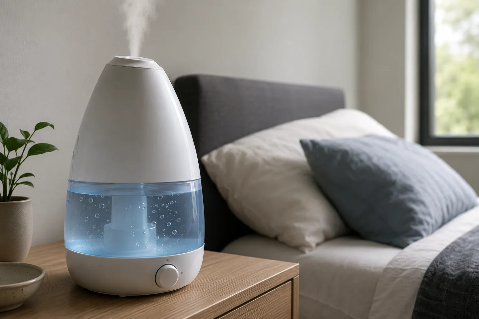 Illustrative cool-mist humidifier with visible air bubbles in the water tank while it runs normally