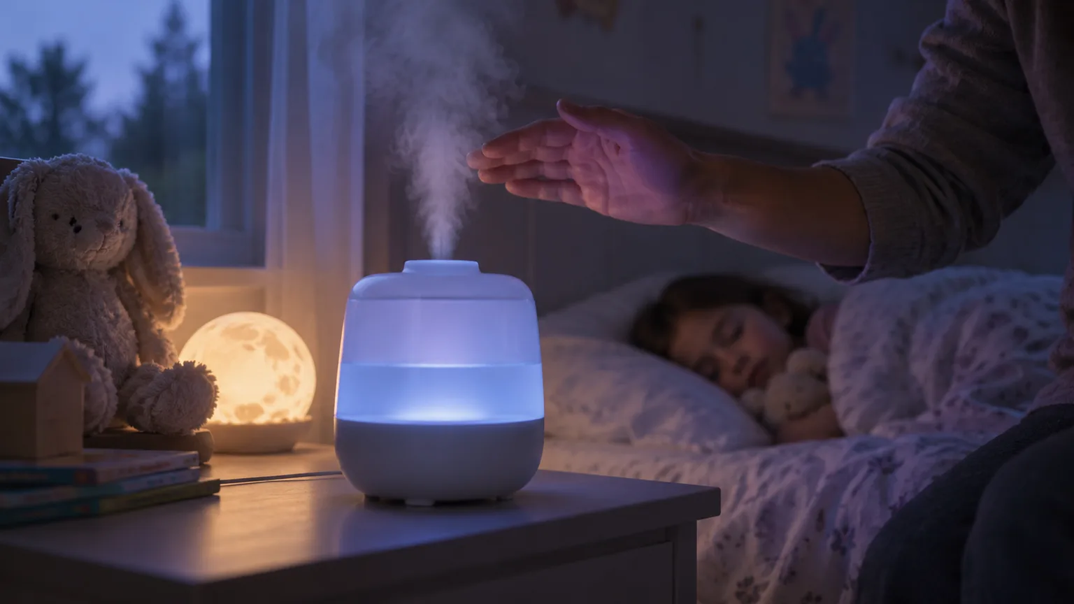 Illustrative a small filter-free ultrasonic humidifier glowing on a child's nightstand while a parent checks the mist output