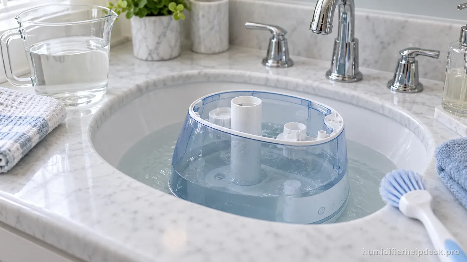 Illustrative small ultrasonic humidifier tank soaking in a vinegar-water solution for descaling