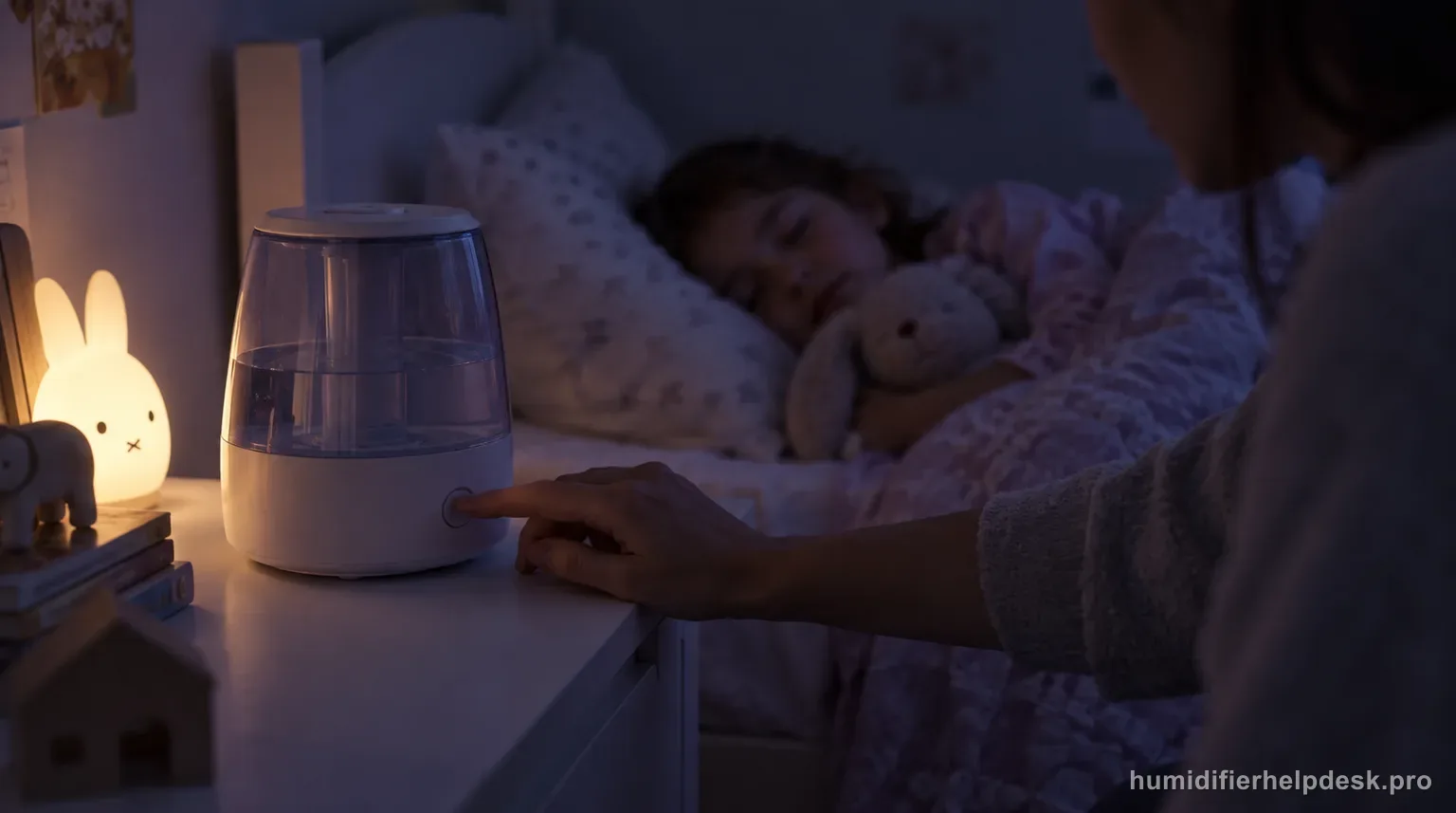 Illustrative parent checking the power button on a small filter-free ultrasonic humidifier beside a sleeping child