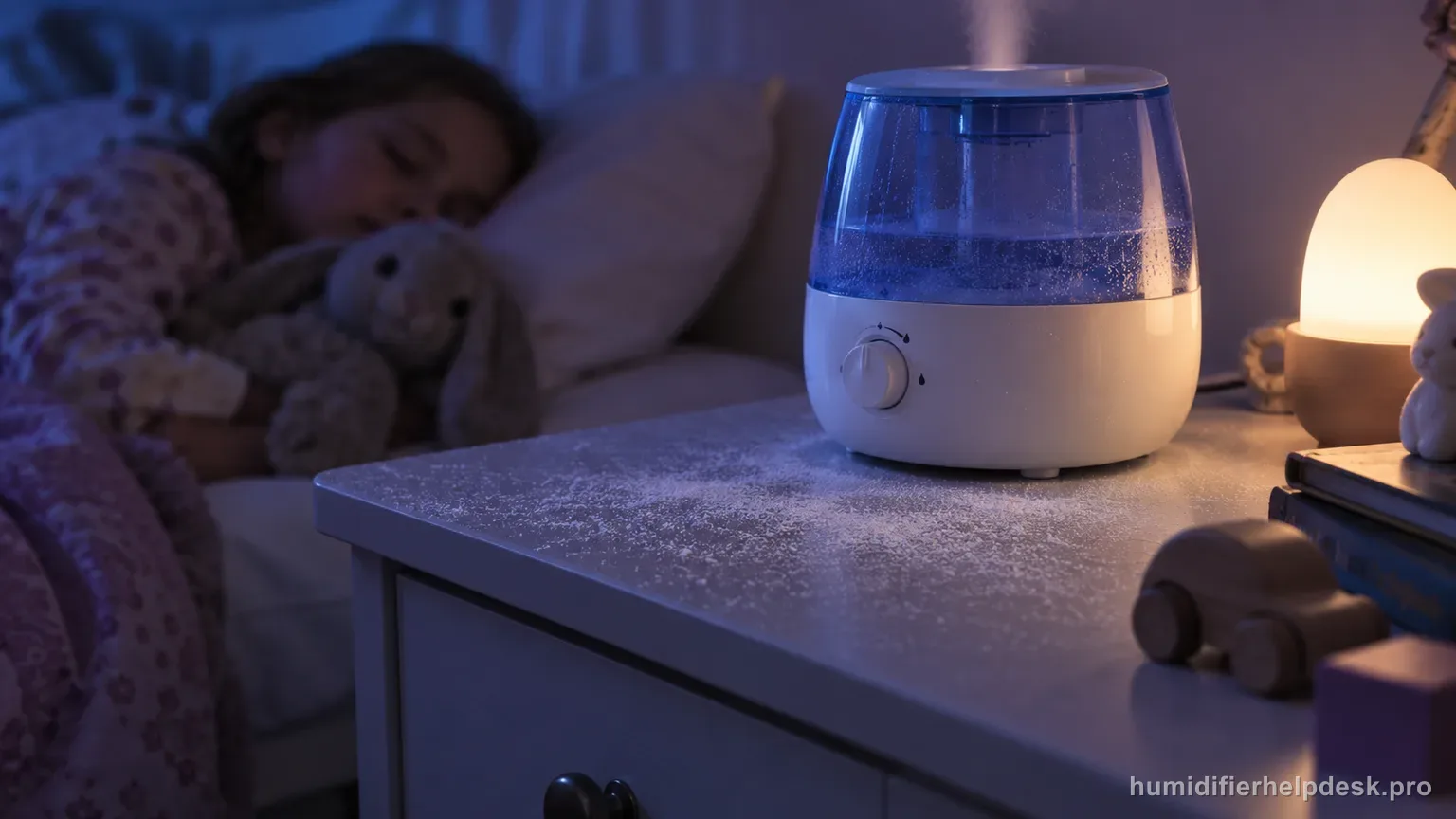 Illustrative fine layer of white mineral dust visible beside a small filter-free ultrasonic humidifier