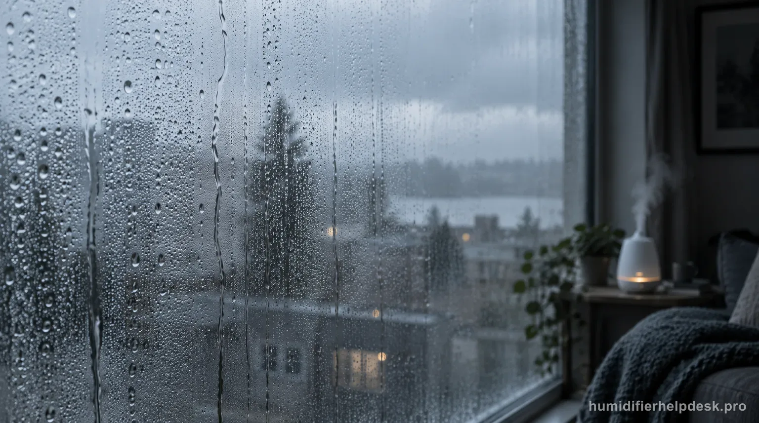 Illustrative wide view of a window pane heavily beaded with condensation with a small humidifier misting across the room