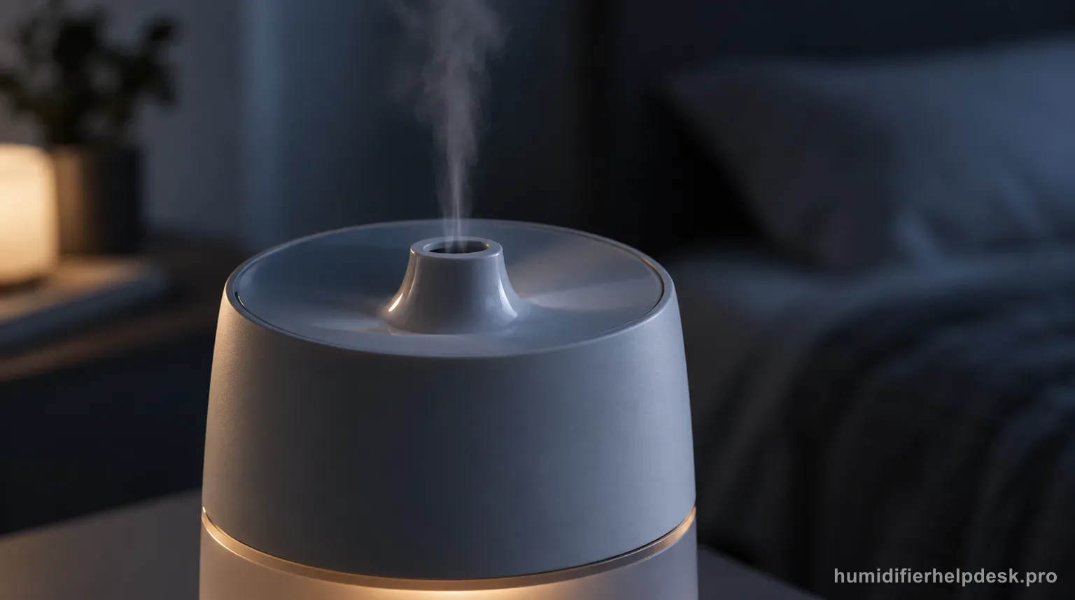 Illustrative close-up of the top spout of a small ultrasonic humidifier with only a faint thread of vapor rising